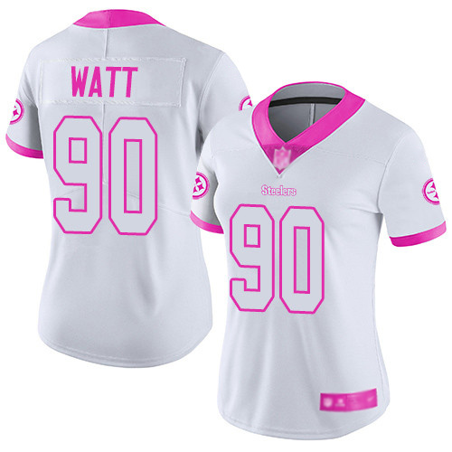 Women Pittsburgh Steelers Football #90 Limited White Pink T J Watt Rush Fashion Nike NFL Jersey